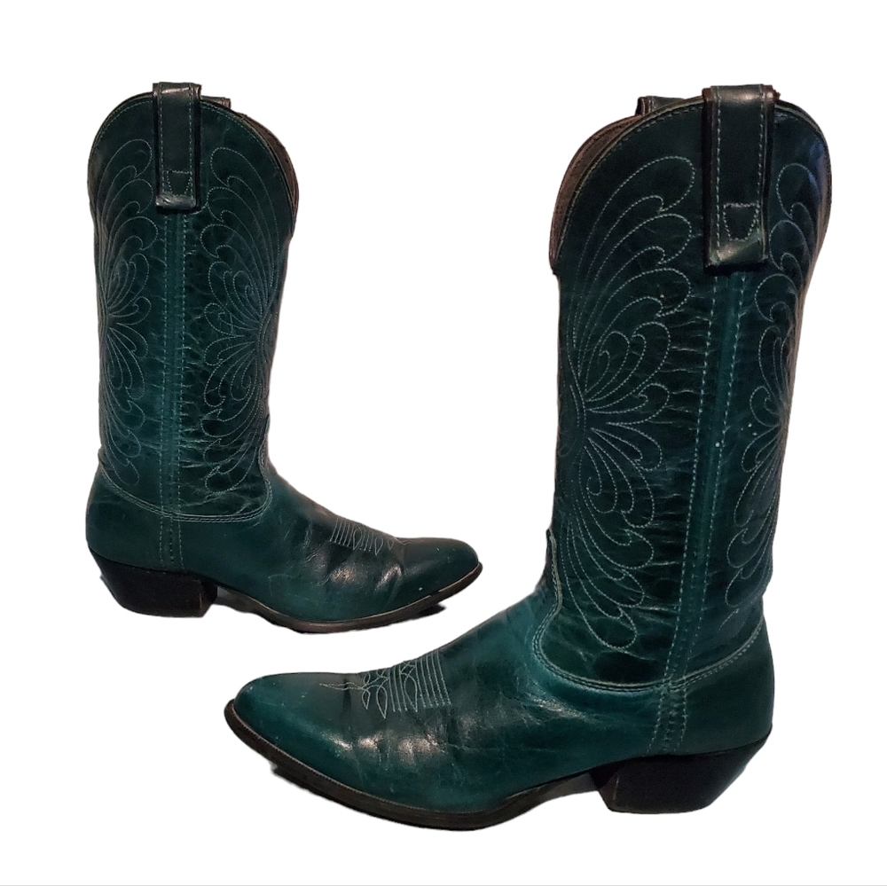 Vintage Green Leather Cowboy Western Boots Women's Size 7.5M, Made In U.S.A. - Picture 3 of 11